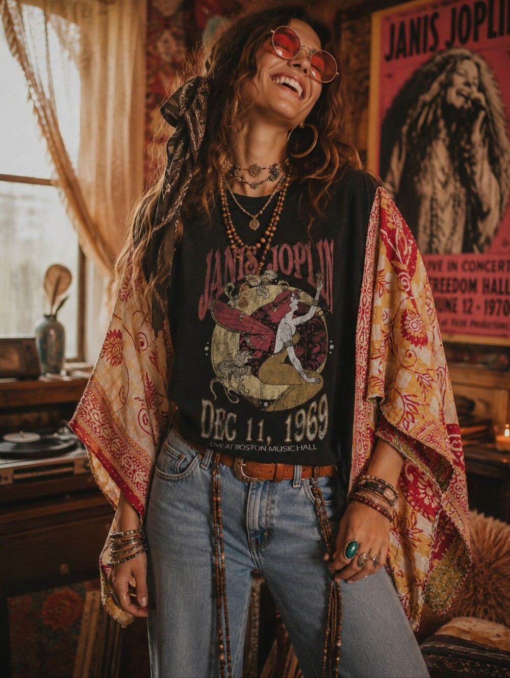 Upcycled Janis Joplin Band Tee With Kantha Sleeves, OS
